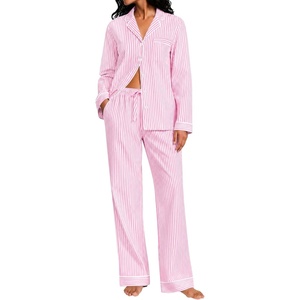 SWOMOG Women’s Cotton Pajama Sets Long Sleeve Button Down Striped Sleep Set(Pink Stripe)