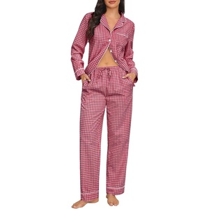 SWOMOG Women’s Cotton Pajama Sets Long Sleeve Button Down Striped Sleep Set(Red Gingham)