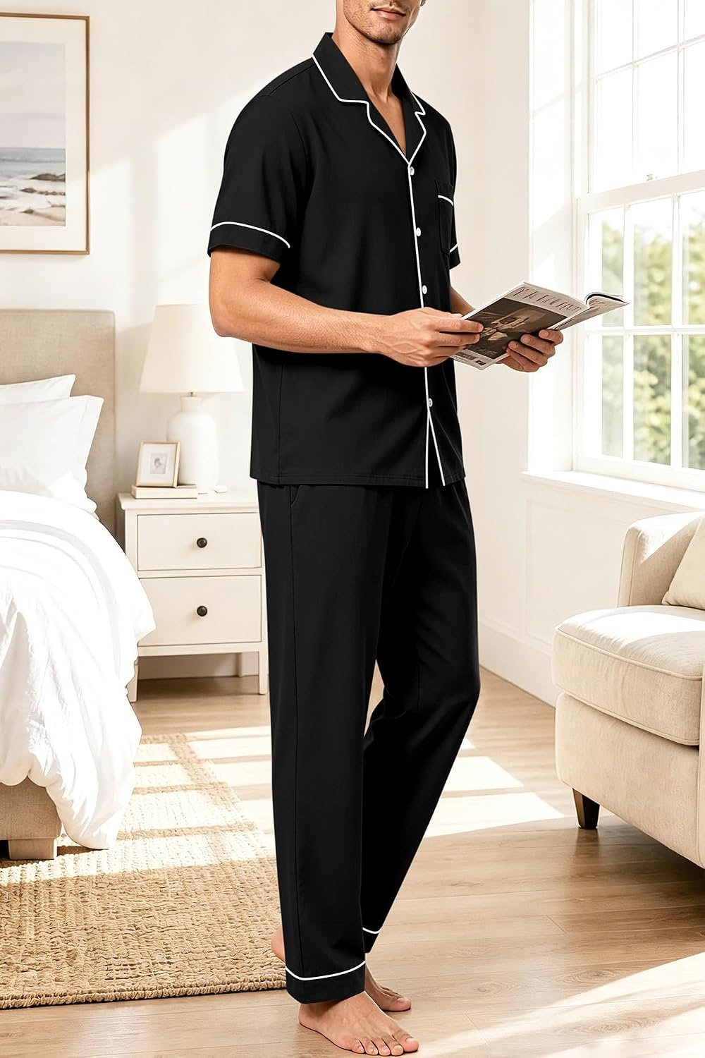 image:imageSWOMOG 100 Cotton Mens Pajama Set Short Sleeve Button Down Sleepwear Loungewear Pjs Set with PocketsBlack