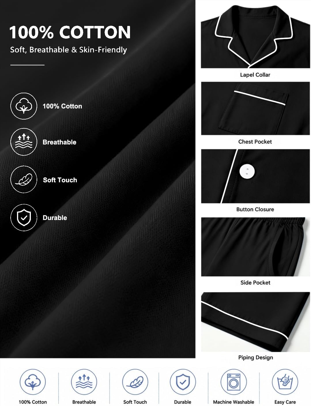 image:imageSWOMOG 100 Cotton Mens Pajama Set Short Sleeve Button Down Sleepwear Loungewear Pjs Set with PocketsBlack
