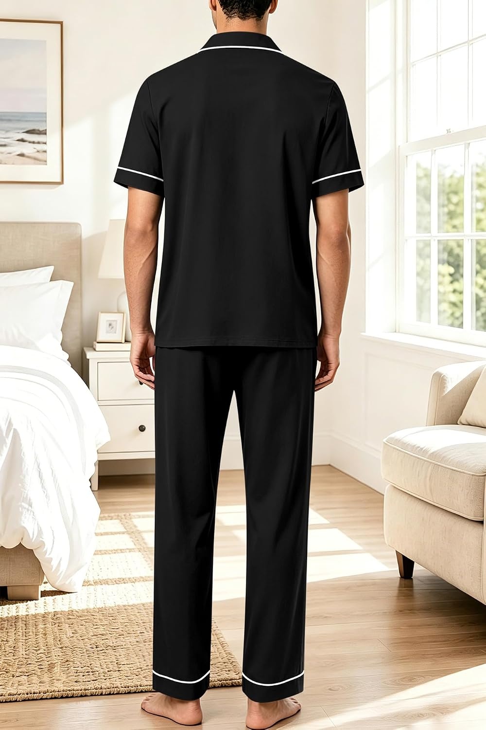 image:imageSWOMOG 100 Cotton Mens Pajama Set Short Sleeve Button Down Sleepwear Loungewear Pjs Set with PocketsBlack
