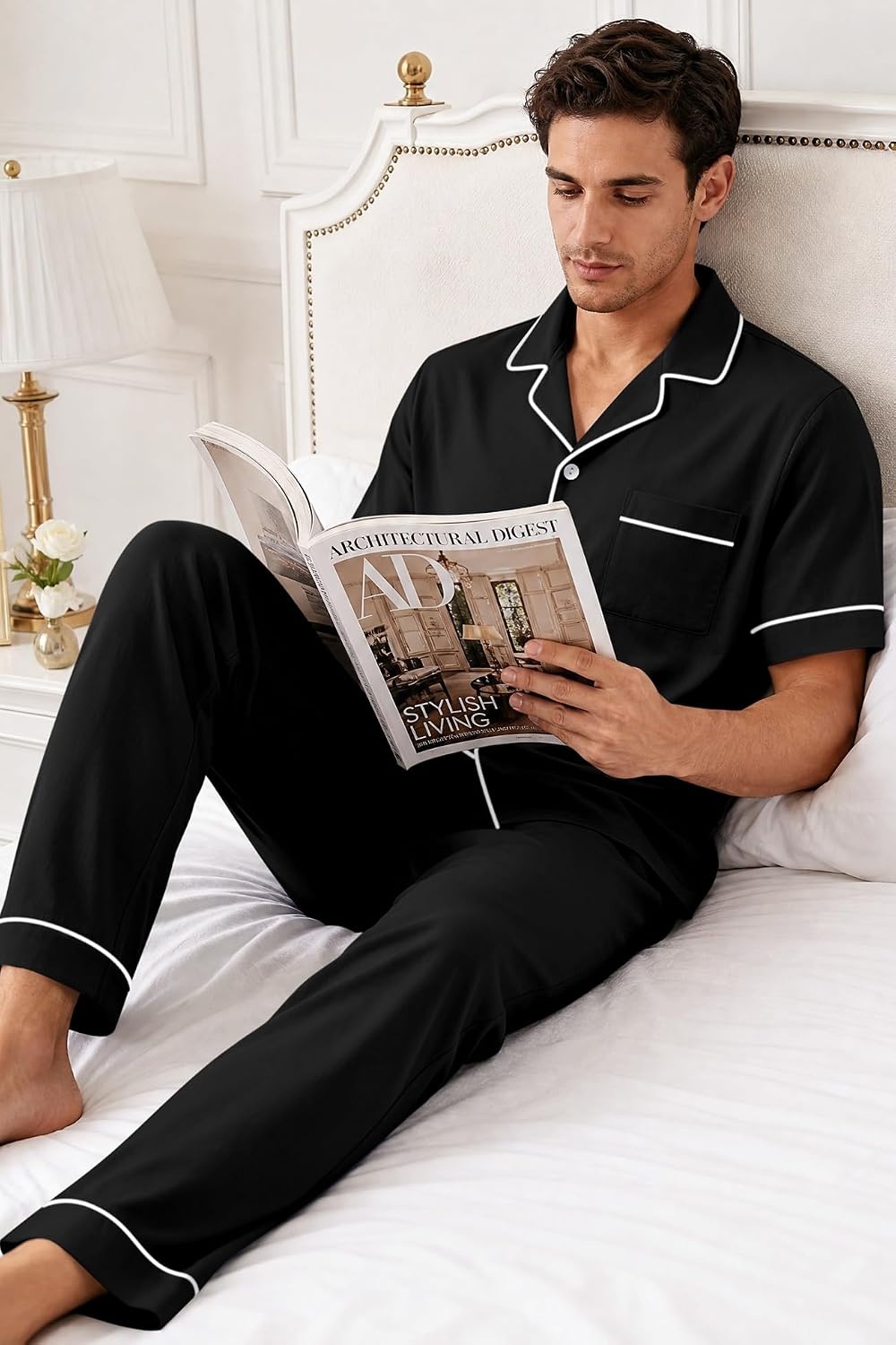 image:imageSWOMOG 100 Cotton Mens Pajama Set Short Sleeve Button Down Sleepwear Loungewear Pjs Set with PocketsBlack