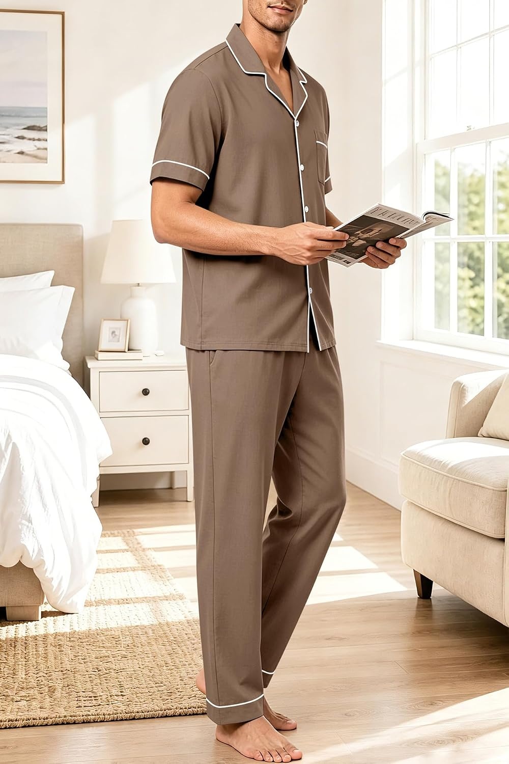 image:imageSWOMOG 100 Cotton Mens Pajama Set Short Sleeve Button Down Sleepwear Loungewear Pjs Set with PocketsBrown
