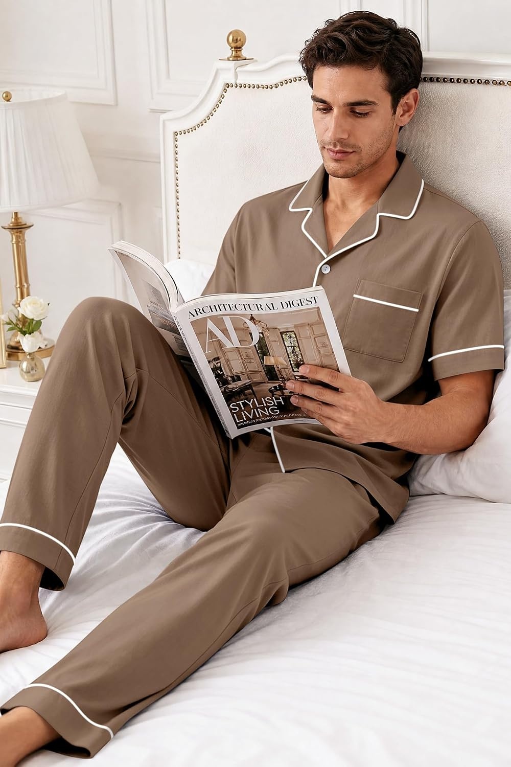 image:imageSWOMOG 100 Cotton Mens Pajama Set Short Sleeve Button Down Sleepwear Loungewear Pjs Set with PocketsBrown