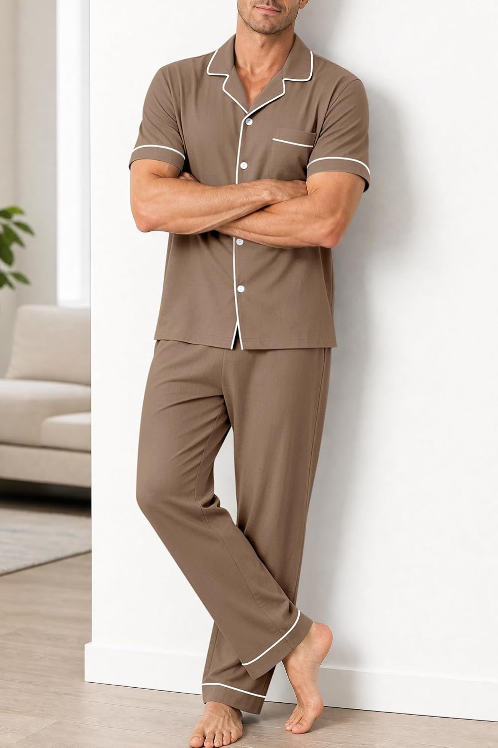 image:imageSWOMOG 100 Cotton Mens Pajama Set Short Sleeve Button Down Sleepwear Loungewear Pjs Set with PocketsBrown