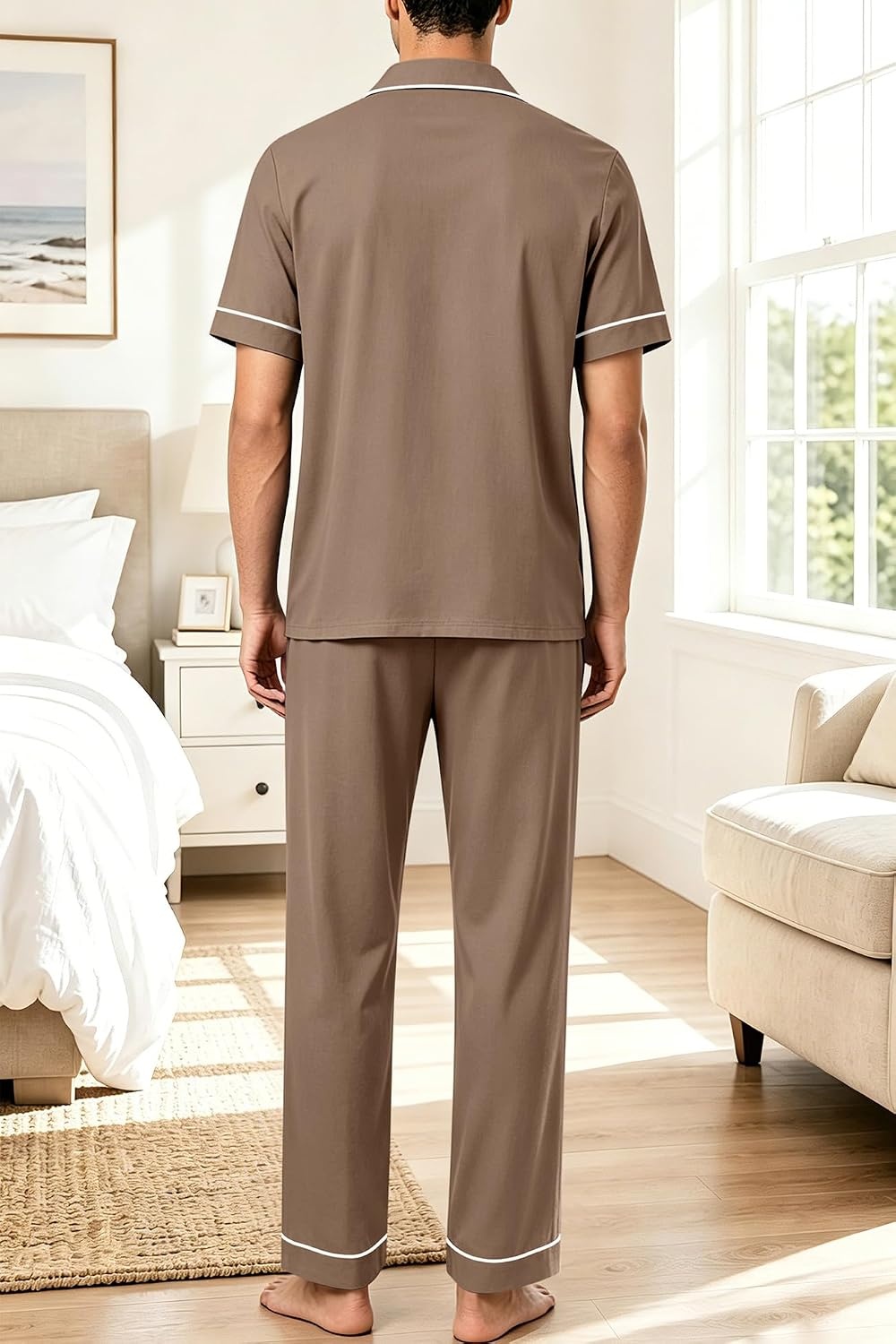 image:imageSWOMOG 100 Cotton Mens Pajama Set Short Sleeve Button Down Sleepwear Loungewear Pjs Set with PocketsBrown