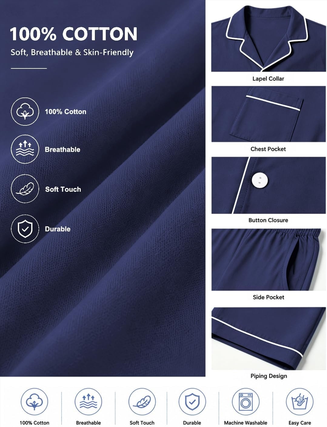image:imageSWOMOG 100 Cotton Mens Pajama Set Short Sleeve Button Down Sleepwear Loungewear Pjs Set with PocketsNavy Blue