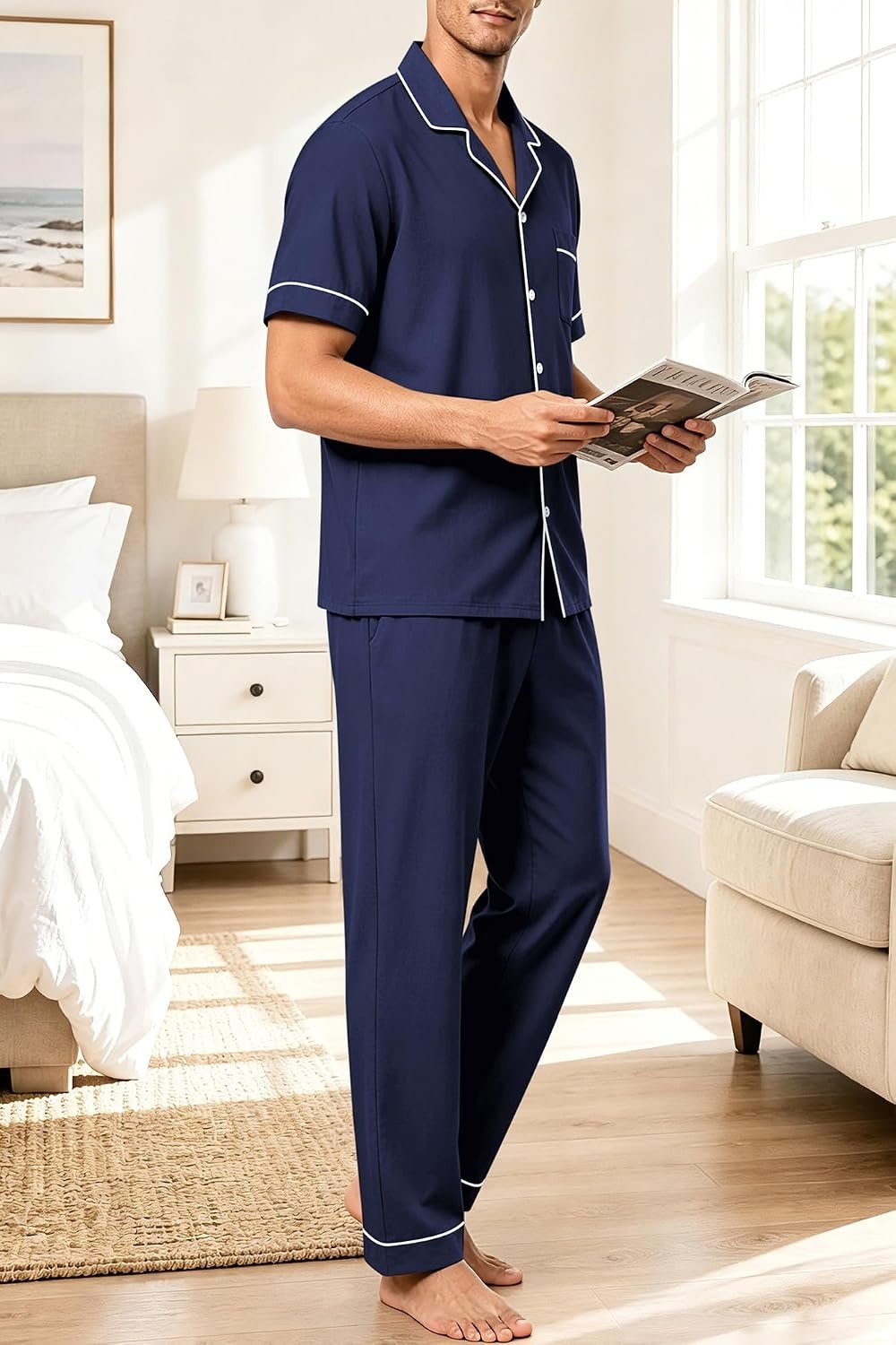 image:imageSWOMOG 100 Cotton Mens Pajama Set Short Sleeve Button Down Sleepwear Loungewear Pjs Set with PocketsNavy Blue