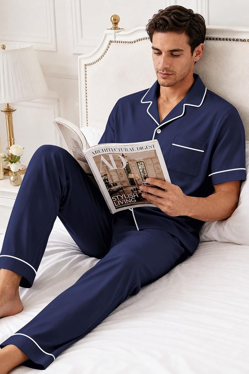 image:imageSWOMOG 100 Cotton Mens Pajama Set Short Sleeve Button Down Sleepwear Loungewear Pjs Set with PocketsNavy Blue