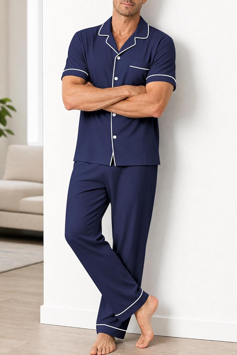 image:imageSWOMOG 100 Cotton Mens Pajama Set Short Sleeve Button Down Sleepwear Loungewear Pjs Set with PocketsNavy Blue