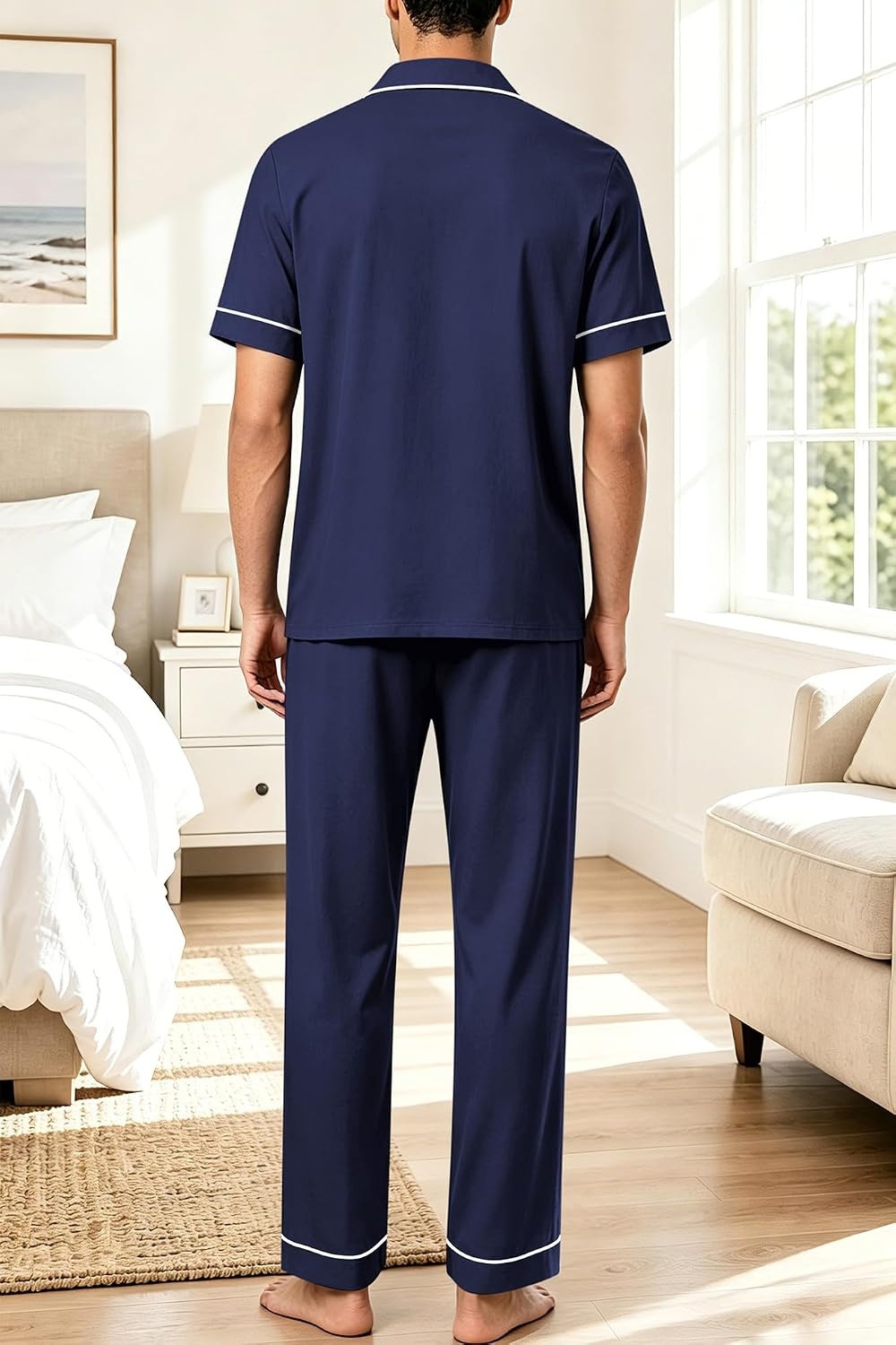 image:imageSWOMOG 100 Cotton Mens Pajama Set Short Sleeve Button Down Sleepwear Loungewear Pjs Set with PocketsNavy Blue