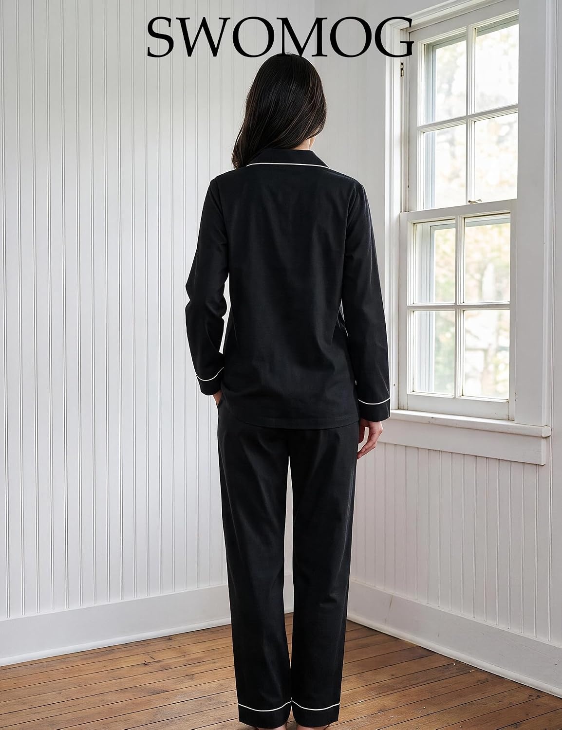 image:imageSWOMOG 100 Cotton Pajama Set for Women Long Sleeve Sleepwear Button Down Nightwear Soft Pj Lounge SetsBlack