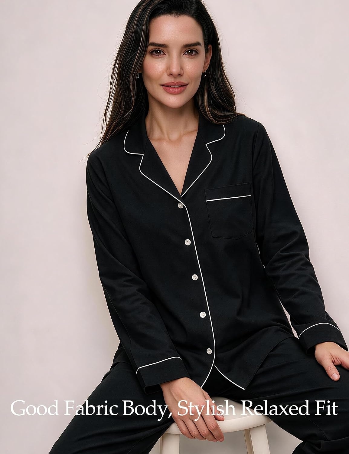 image:imageSWOMOG 100 Cotton Pajama Set for Women Long Sleeve Sleepwear Button Down Nightwear Soft Pj Lounge SetsBlack