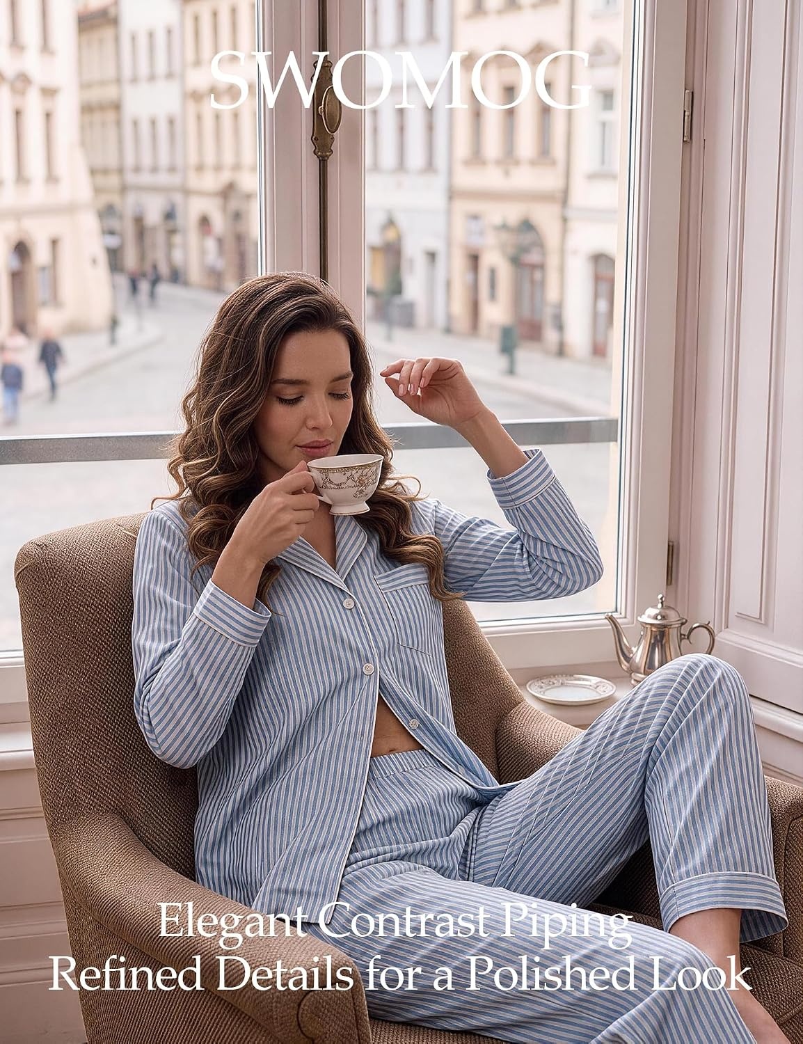 image:imageSWOMOG 100 Cotton Pajama Set for Women Long Sleeve Sleepwear Button Down Nightwear Soft Pj Lounge SetsBlue Stripe