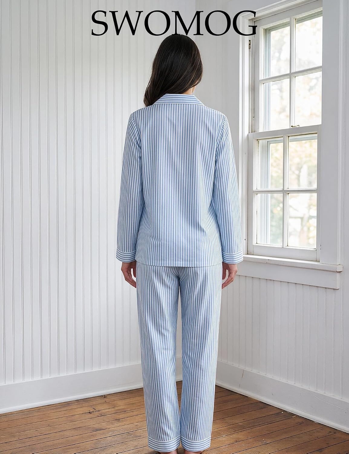 image:imageSWOMOG 100 Cotton Pajama Set for Women Long Sleeve Sleepwear Button Down Nightwear Soft Pj Lounge SetsBlue Stripe