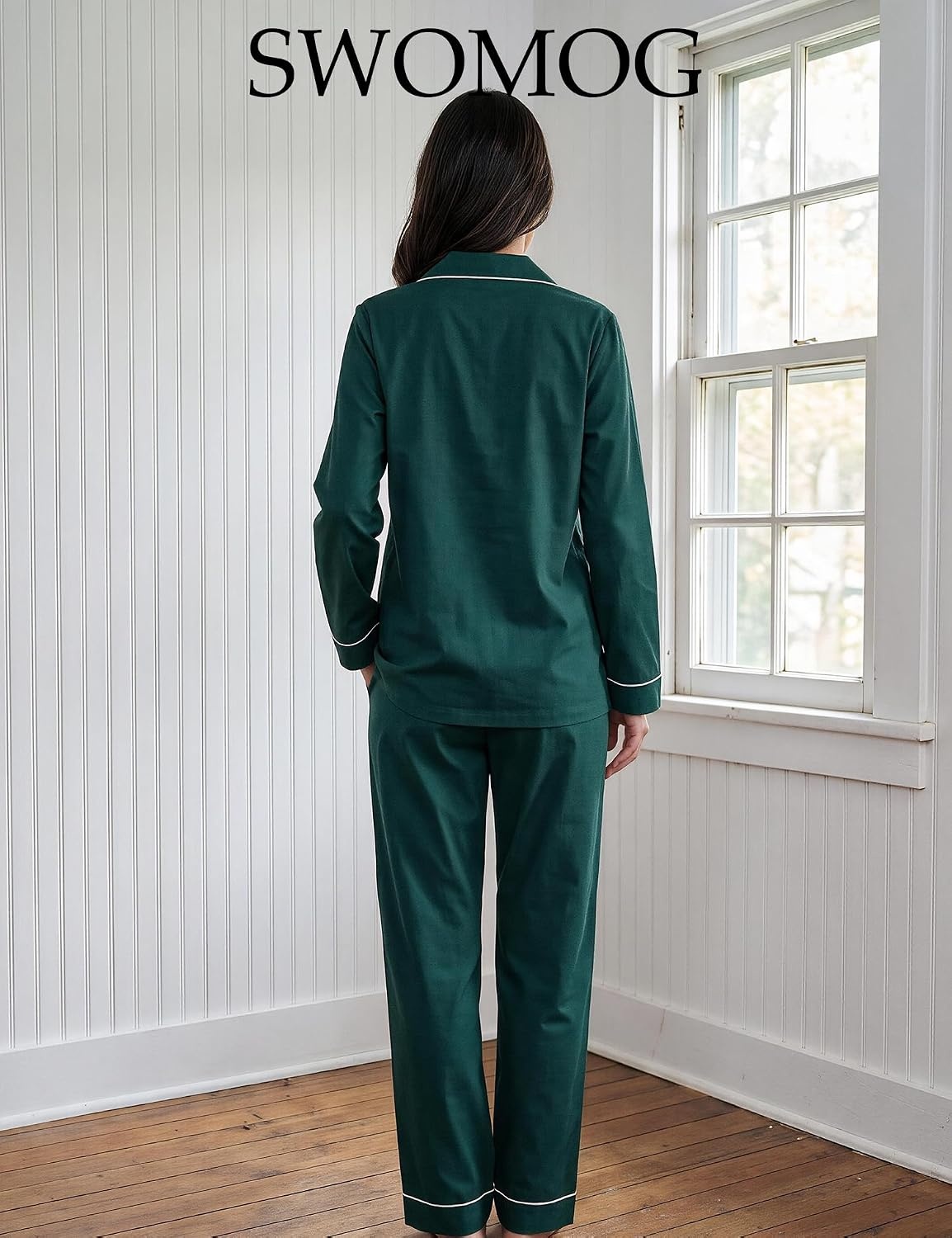 image:imageSWOMOG 100 Cotton Pajama Set for Women Long Sleeve Sleepwear Button Down Nightwear Soft Pj Lounge SetsGreen