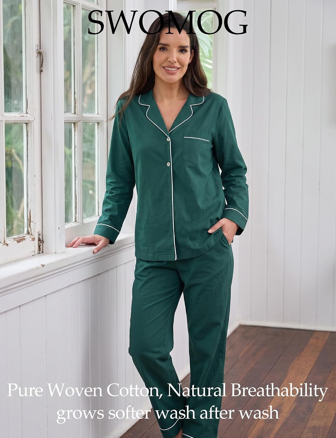 image:imageSWOMOG 100 Cotton Pajama Set for Women Long Sleeve Sleepwear Button Down Nightwear Soft Pj Lounge SetsGreen