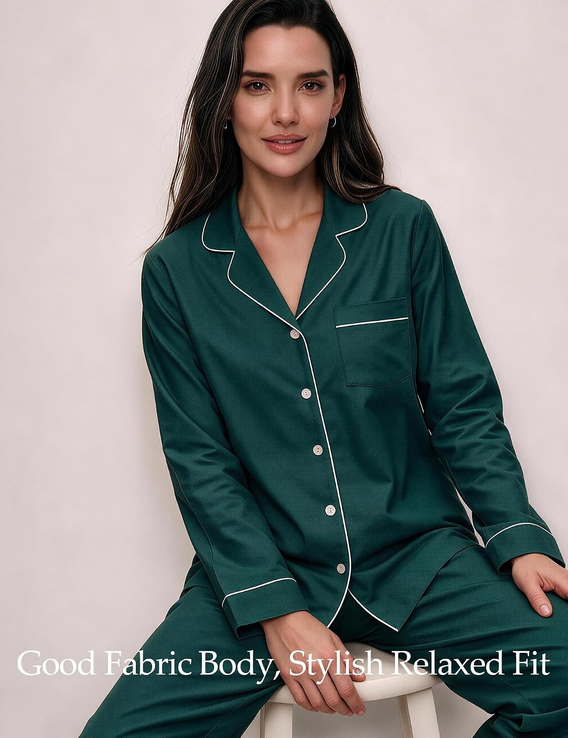 image:imageSWOMOG 100 Cotton Pajama Set for Women Long Sleeve Sleepwear Button Down Nightwear Soft Pj Lounge SetsGreen