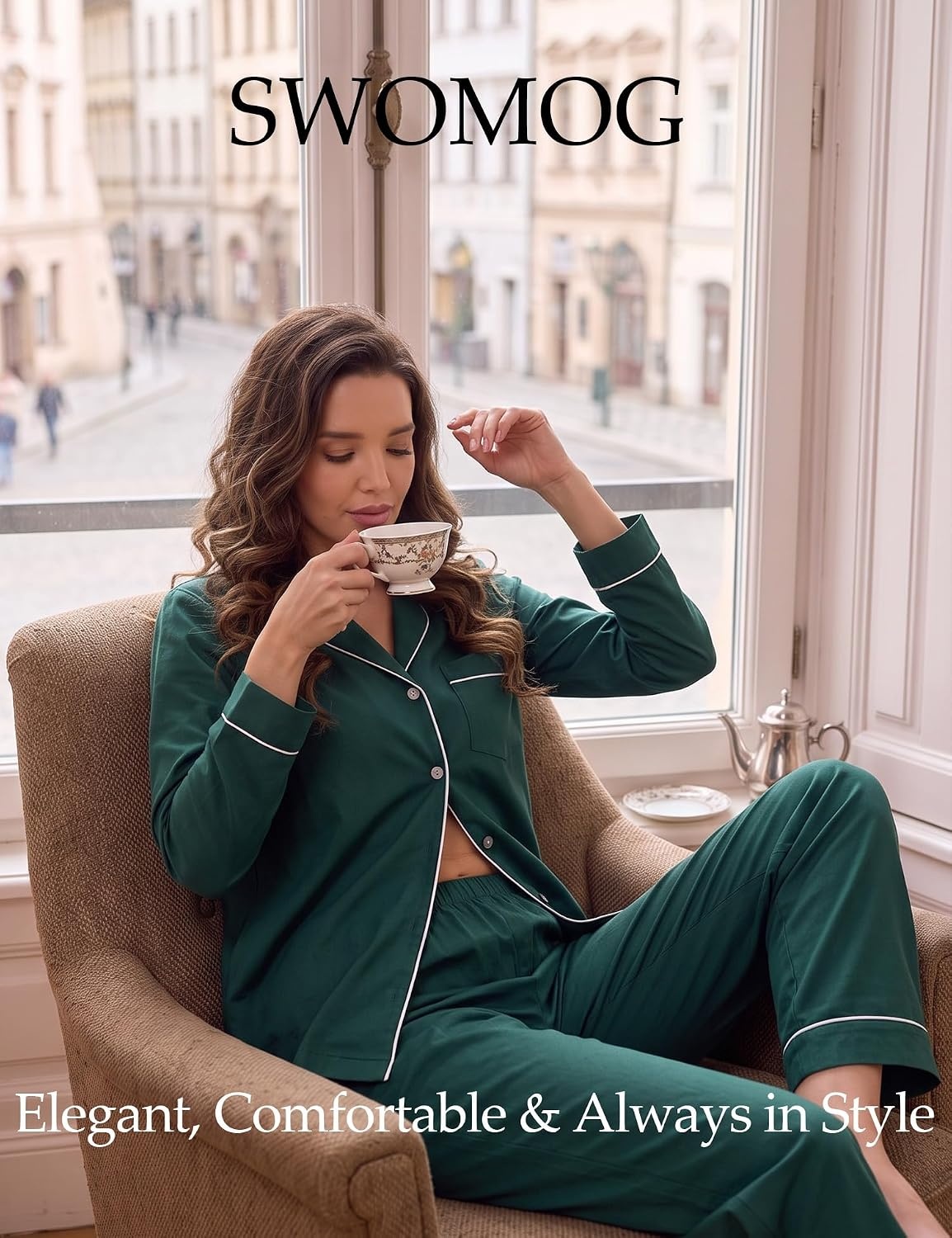 image:imageSWOMOG 100 Cotton Pajama Set for Women Long Sleeve Sleepwear Button Down Nightwear Soft Pj Lounge SetsGreen