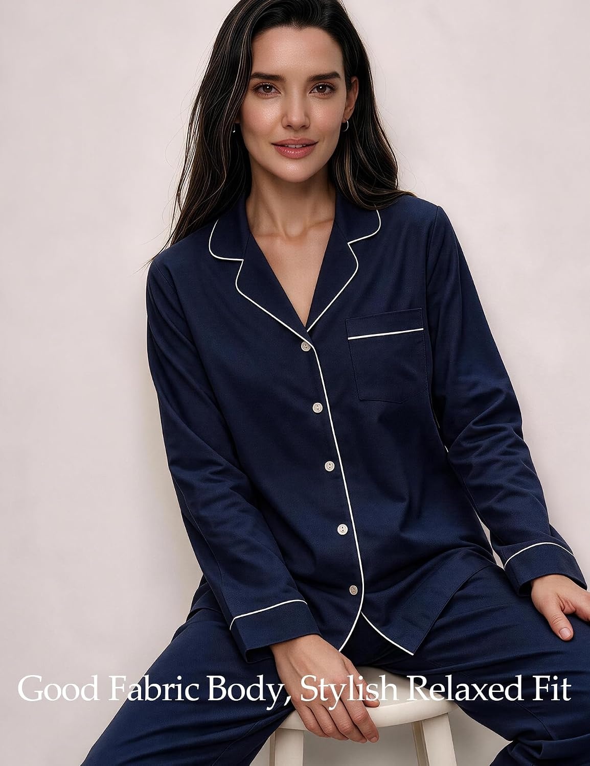 image:imageSWOMOG 100 Cotton Pajama Set for Women Long Sleeve Sleepwear Button Down Nightwear Soft Pj Lounge SetsNavy Blue Plain