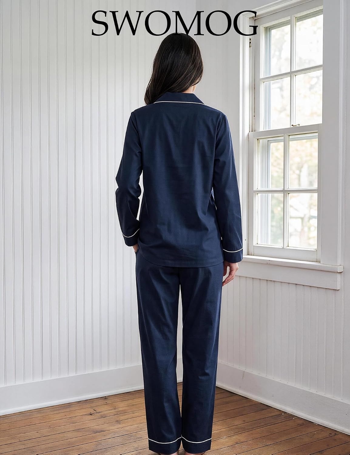 image:imageSWOMOG 100 Cotton Pajama Set for Women Long Sleeve Sleepwear Button Down Nightwear Soft Pj Lounge SetsNavy Blue Plain