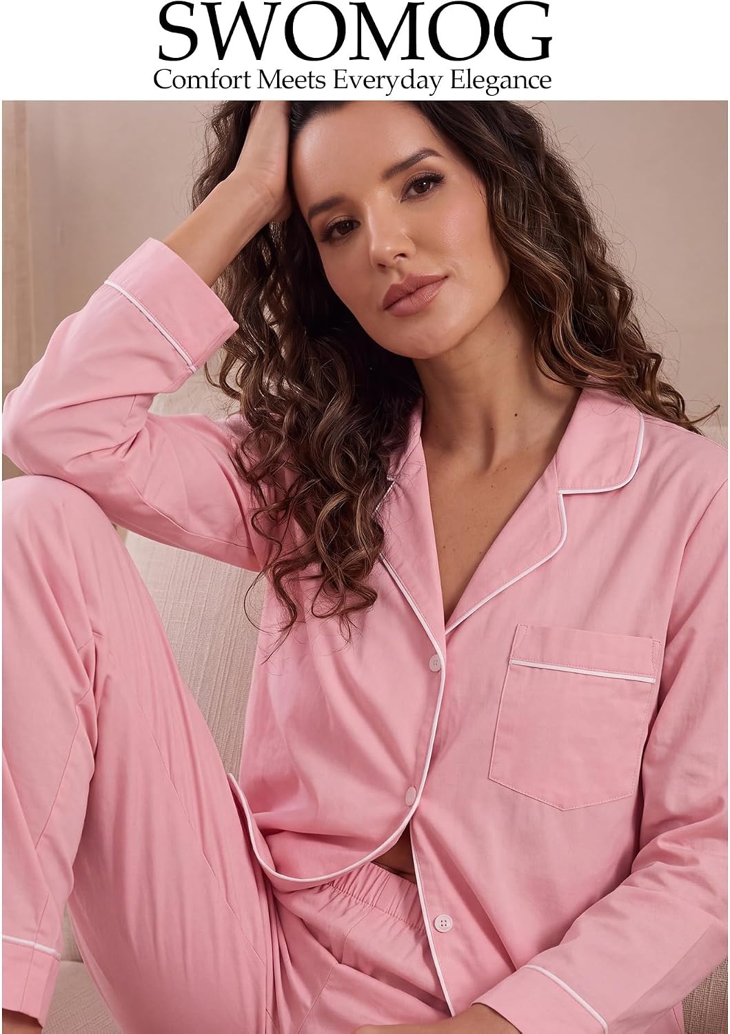 image:imageSWOMOG 100 Cotton Pajama Set for Women Long Sleeve Sleepwear Button Down Nightwear Soft Pj Lounge SetsPink