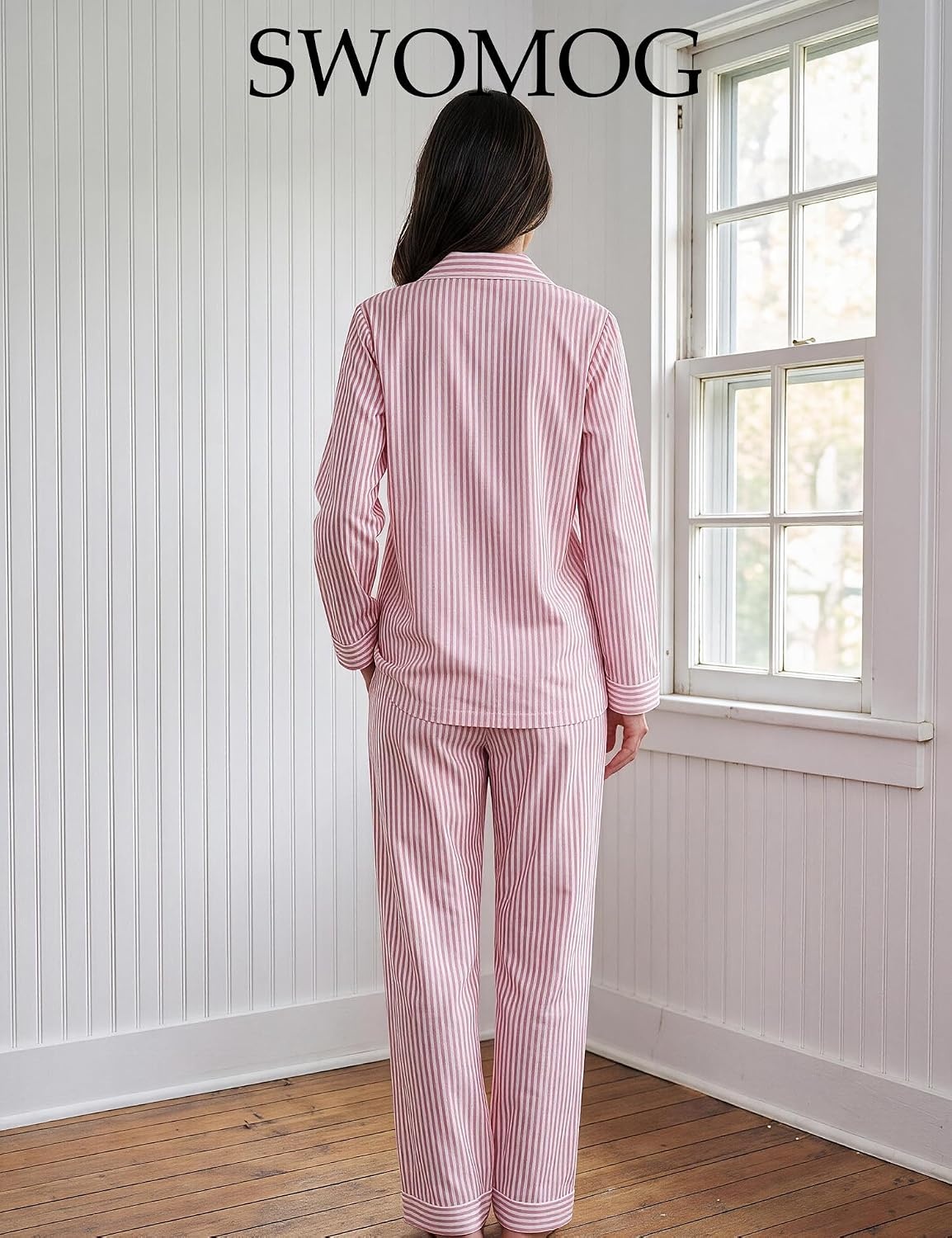 image:imageSWOMOG 100 Cotton Pajama Set for Women Long Sleeve Sleepwear Button Down Nightwear Soft Pj Lounge SetsPink Stripe