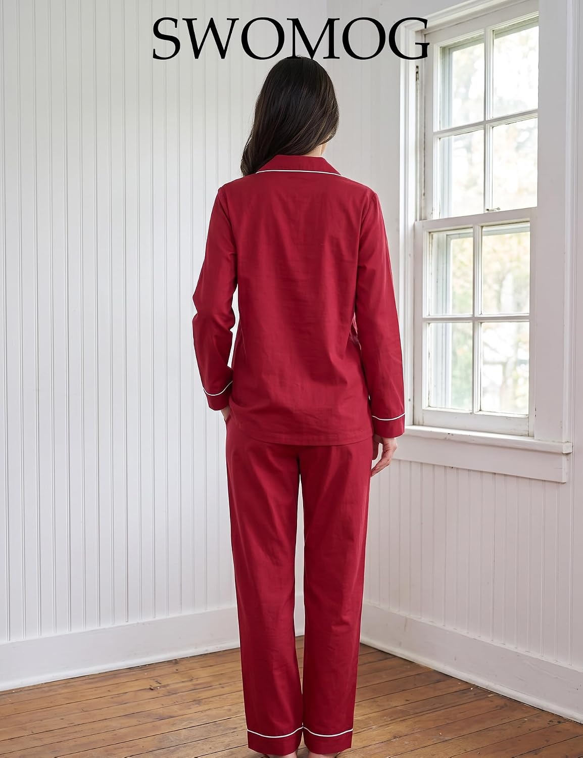 image:imageSWOMOG 100 Cotton Pajama Set for Women Long Sleeve Sleepwear Button Down Nightwear Soft Pj Lounge SetsRed