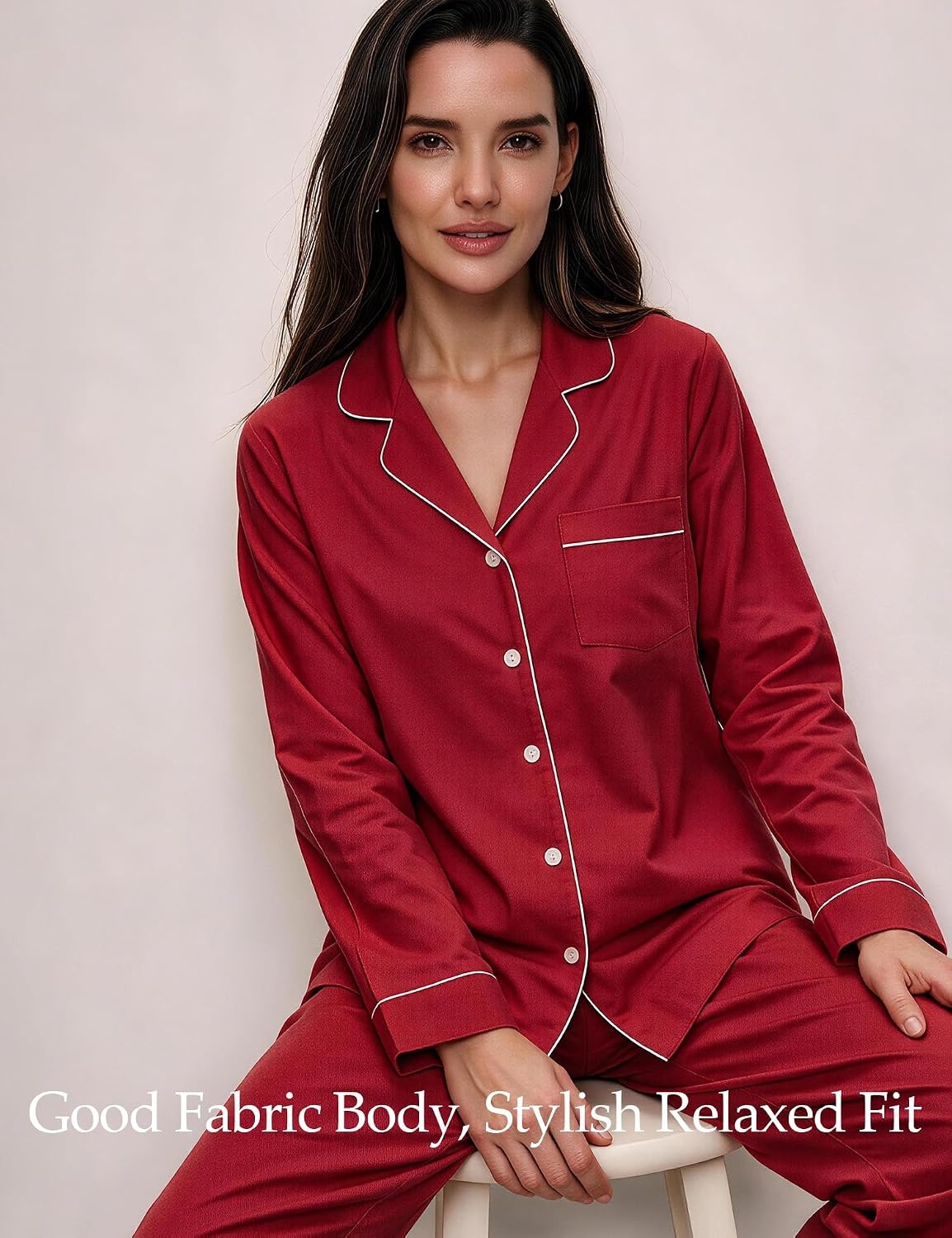 image:imageSWOMOG 100 Cotton Pajama Set for Women Long Sleeve Sleepwear Button Down Nightwear Soft Pj Lounge SetsRed