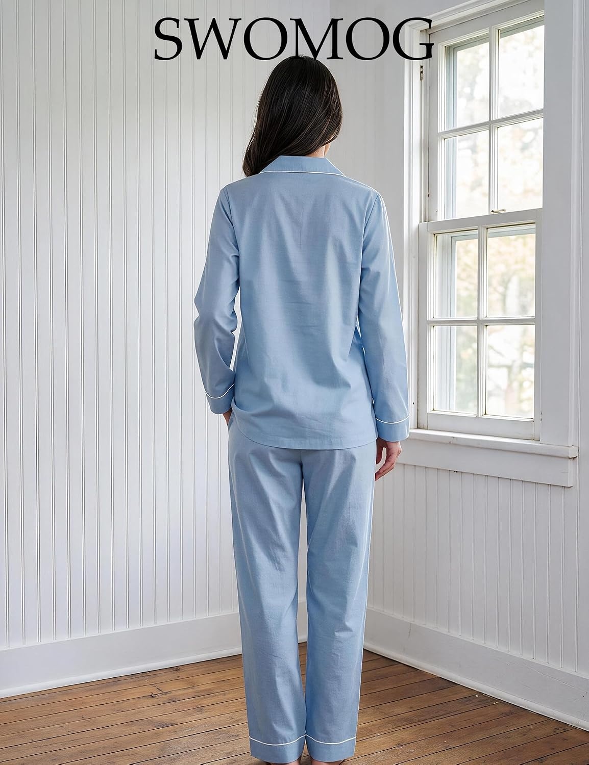 image:imageSWOMOG 100 Cotton Pajama Set for Women Long Sleeve Sleepwear Button Down Nightwear Soft Pj Lounge SetsSoft Sky Blue