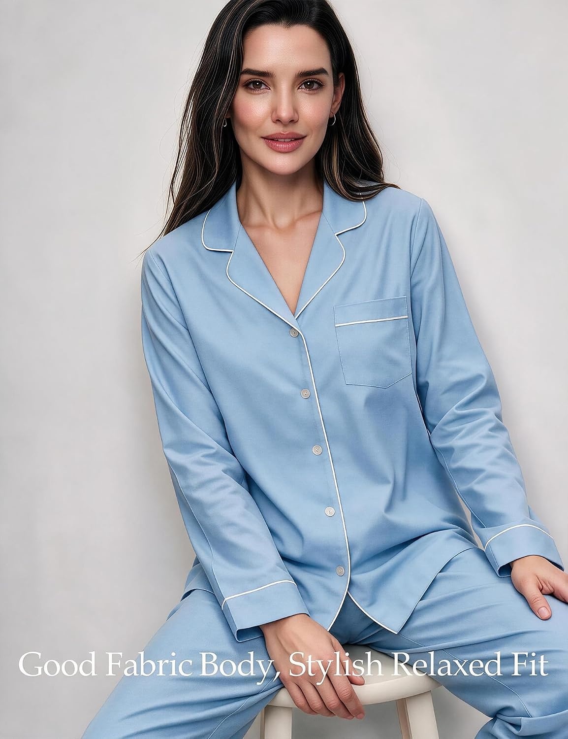 image:imageSWOMOG 100 Cotton Pajama Set for Women Long Sleeve Sleepwear Button Down Nightwear Soft Pj Lounge SetsSoft Sky Blue