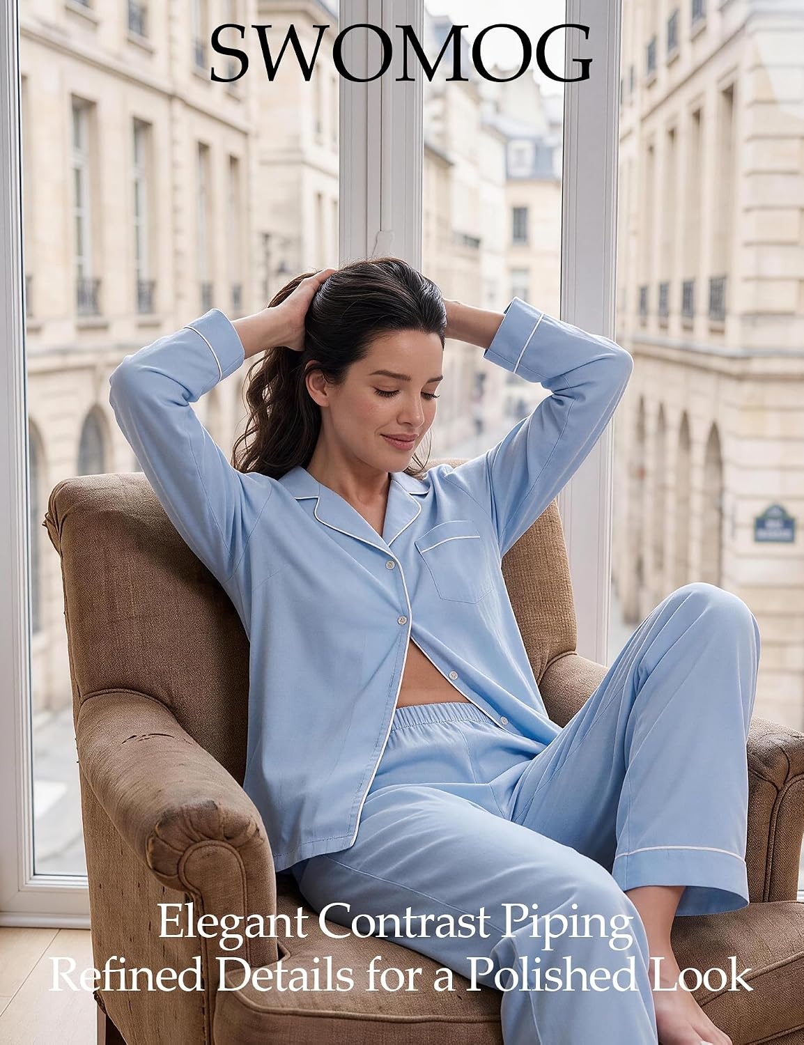 image:imageSWOMOG 100 Cotton Pajama Set for Women Long Sleeve Sleepwear Button Down Nightwear Soft Pj Lounge SetsSoft Sky Blue