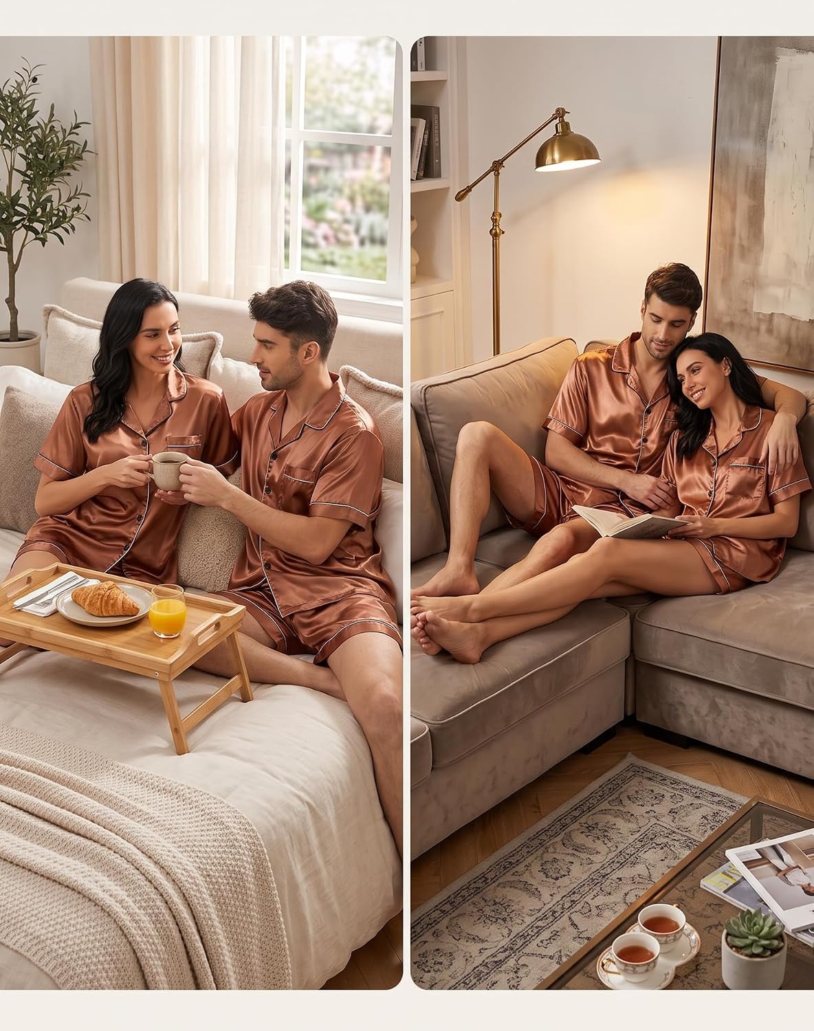 image:imageSWOMOG Couple Matching Pajamas Sets Women amp Men Button Down Silk Pjs Men Short Sleeve Soft Lounge Sets 2 Pcs LoungewearDeep Brick Red