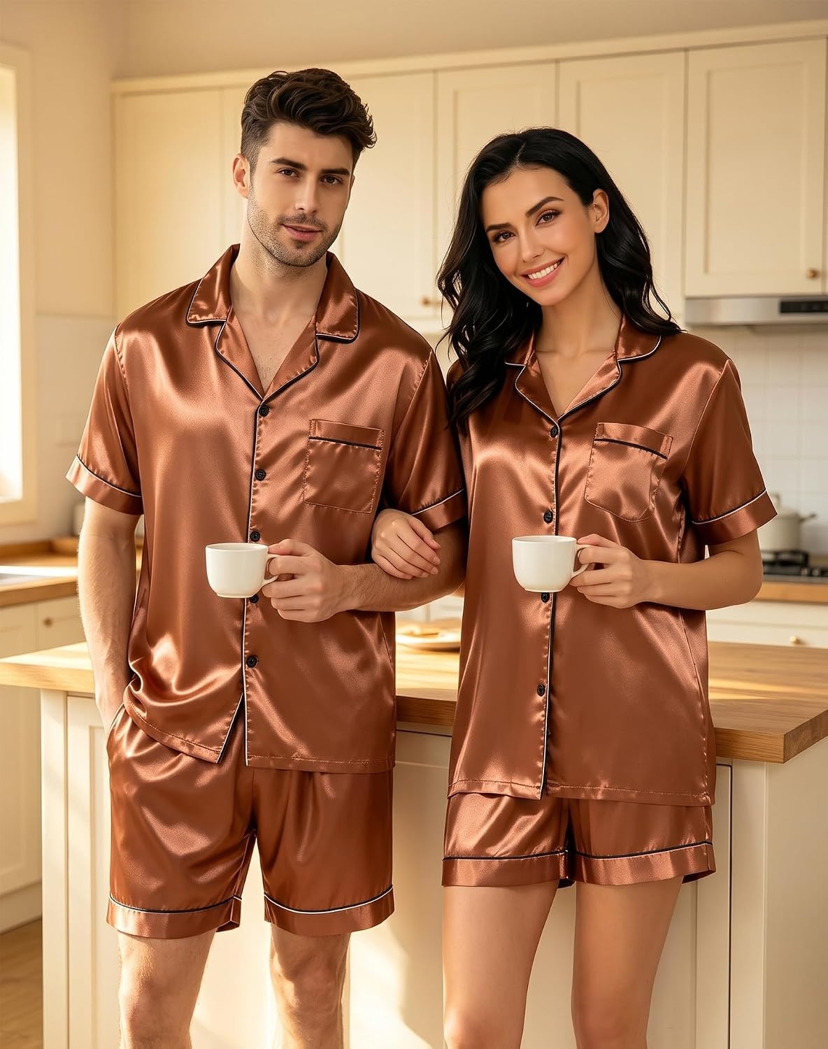 image:imageSWOMOG Couple Matching Pajamas Sets Women amp Men Button Down Silk Pjs Men Short Sleeve Soft Lounge Sets 2 Pcs LoungewearDeep Brick Red