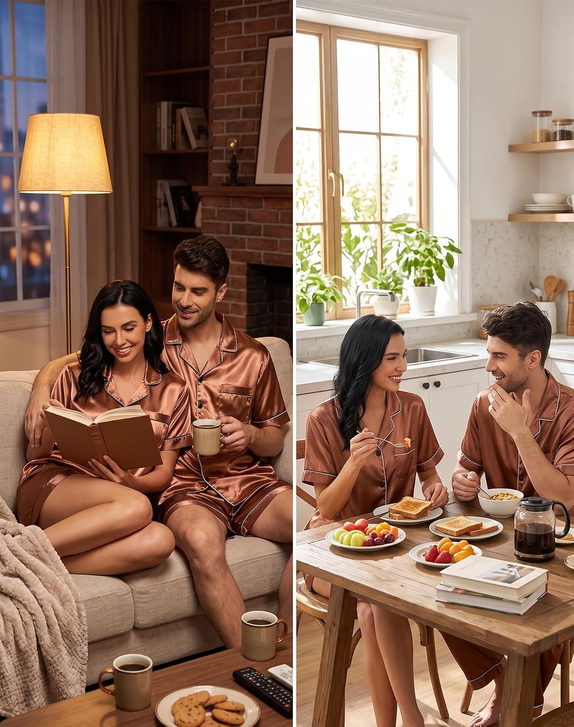image:imageSWOMOG Couple Matching Pajamas Sets Women amp Men Button Down Silk Pjs Men Short Sleeve Soft Lounge Sets 2 Pcs LoungewearDeep Brick Red