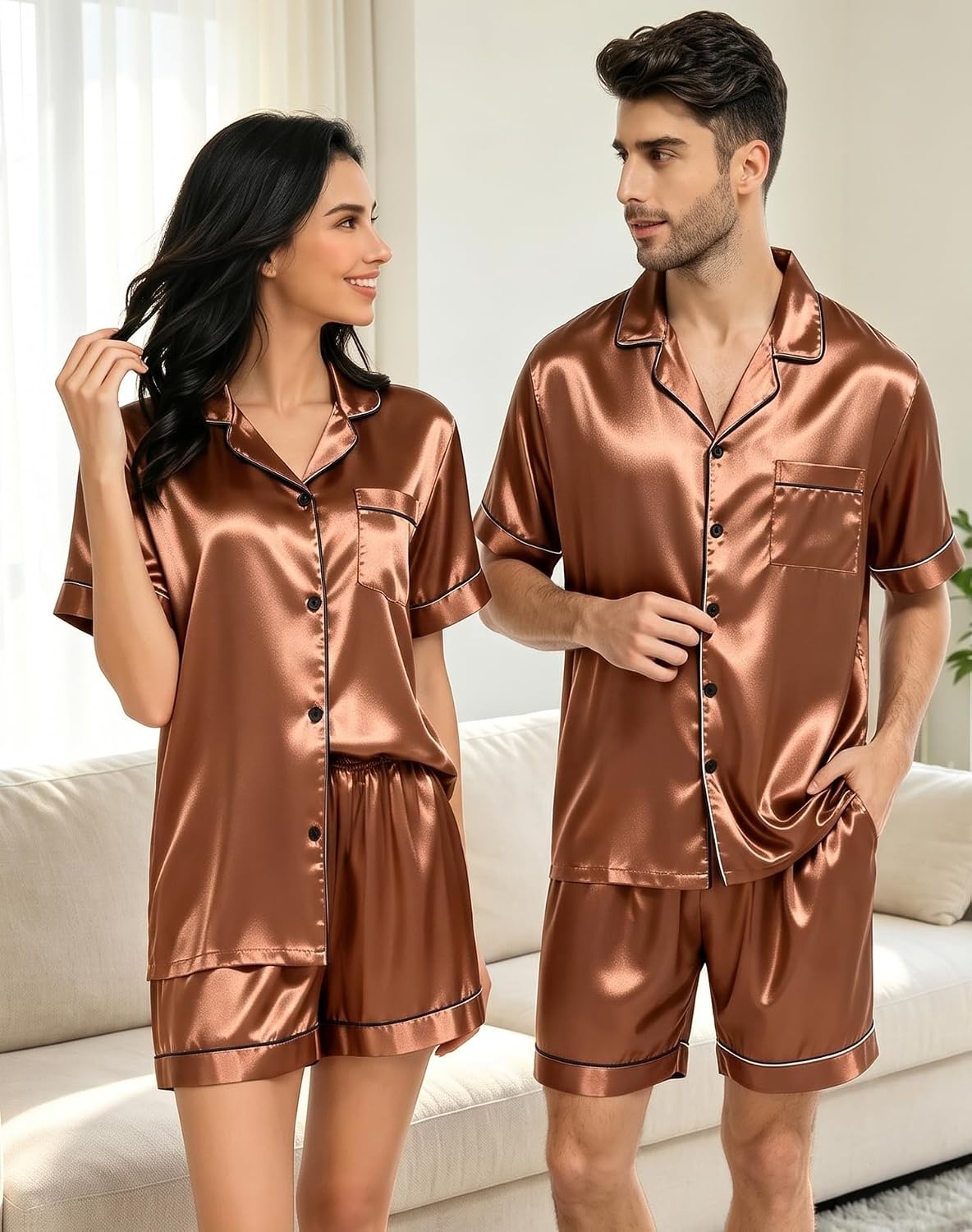 image:imageSWOMOG Couple Matching Pajamas Sets Women amp Men Button Down Silk Pjs Men Short Sleeve Soft Lounge Sets 2 Pcs LoungewearDeep Brick Red