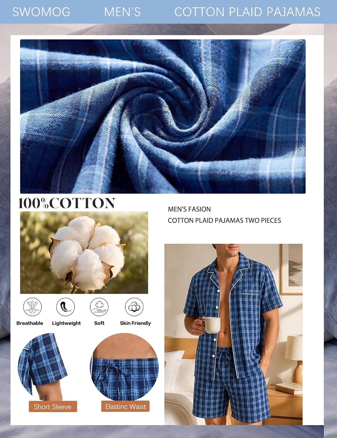 image:imageSWOMOG Mens 100 Cotton Pajama Set 2Pcs Button Down Pjs Set Short Sleeve Sleepwear with Pocket Soft Summer Stripe NightwearBlue Plaid