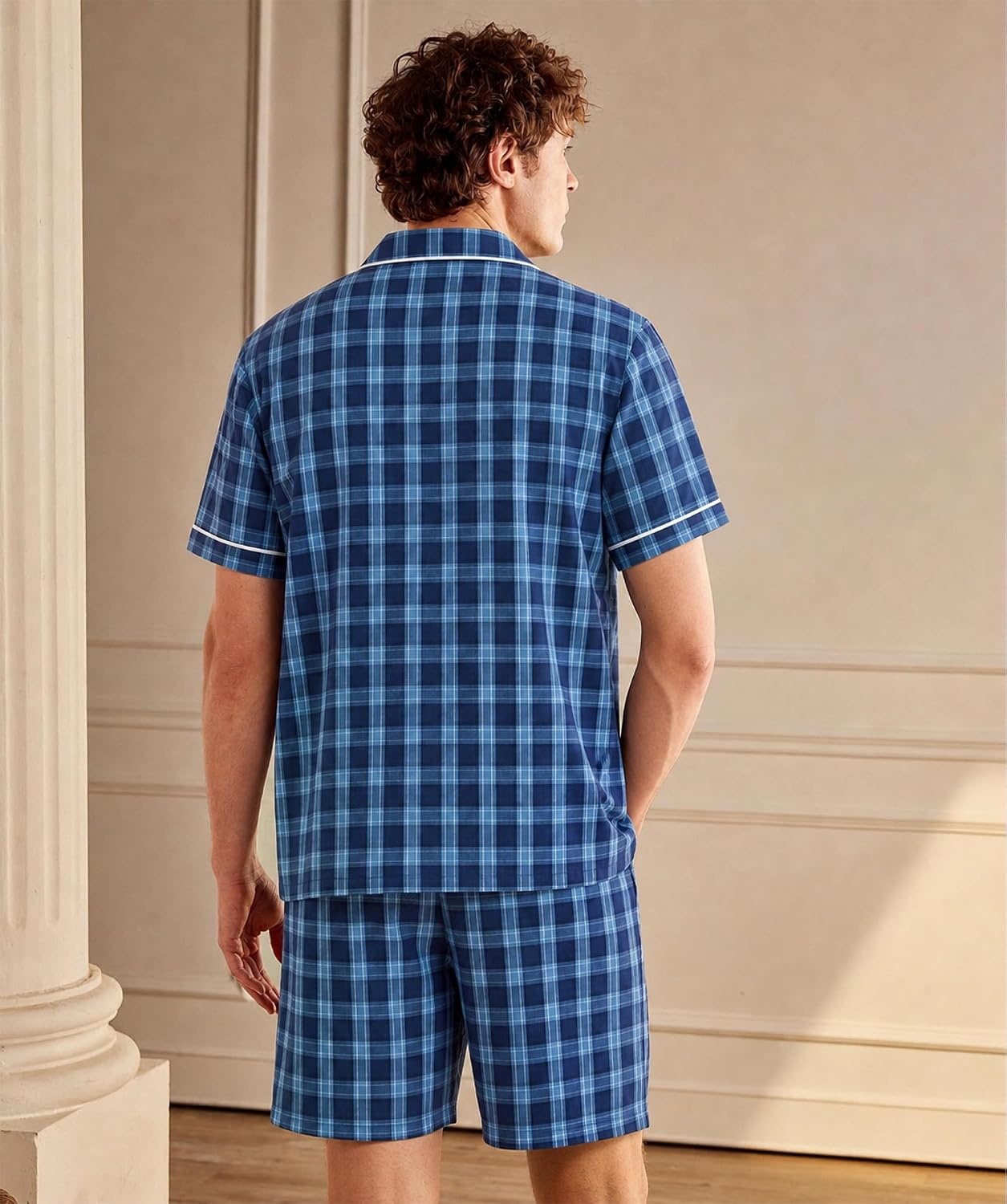 image:imageSWOMOG Mens 100 Cotton Pajama Set 2Pcs Button Down Pjs Set Short Sleeve Sleepwear with Pocket Soft Summer Stripe NightwearBlue Plaid