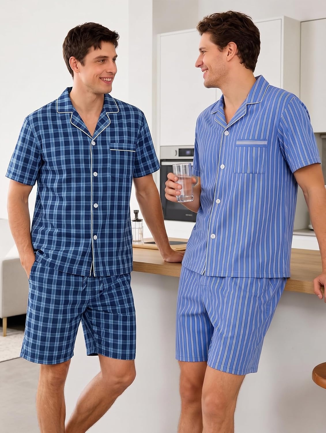 image:imageSWOMOG Mens 100 Cotton Pajama Set 2Pcs Button Down Pjs Set Short Sleeve Sleepwear with Pocket Soft Summer Stripe NightwearBlue Plaid