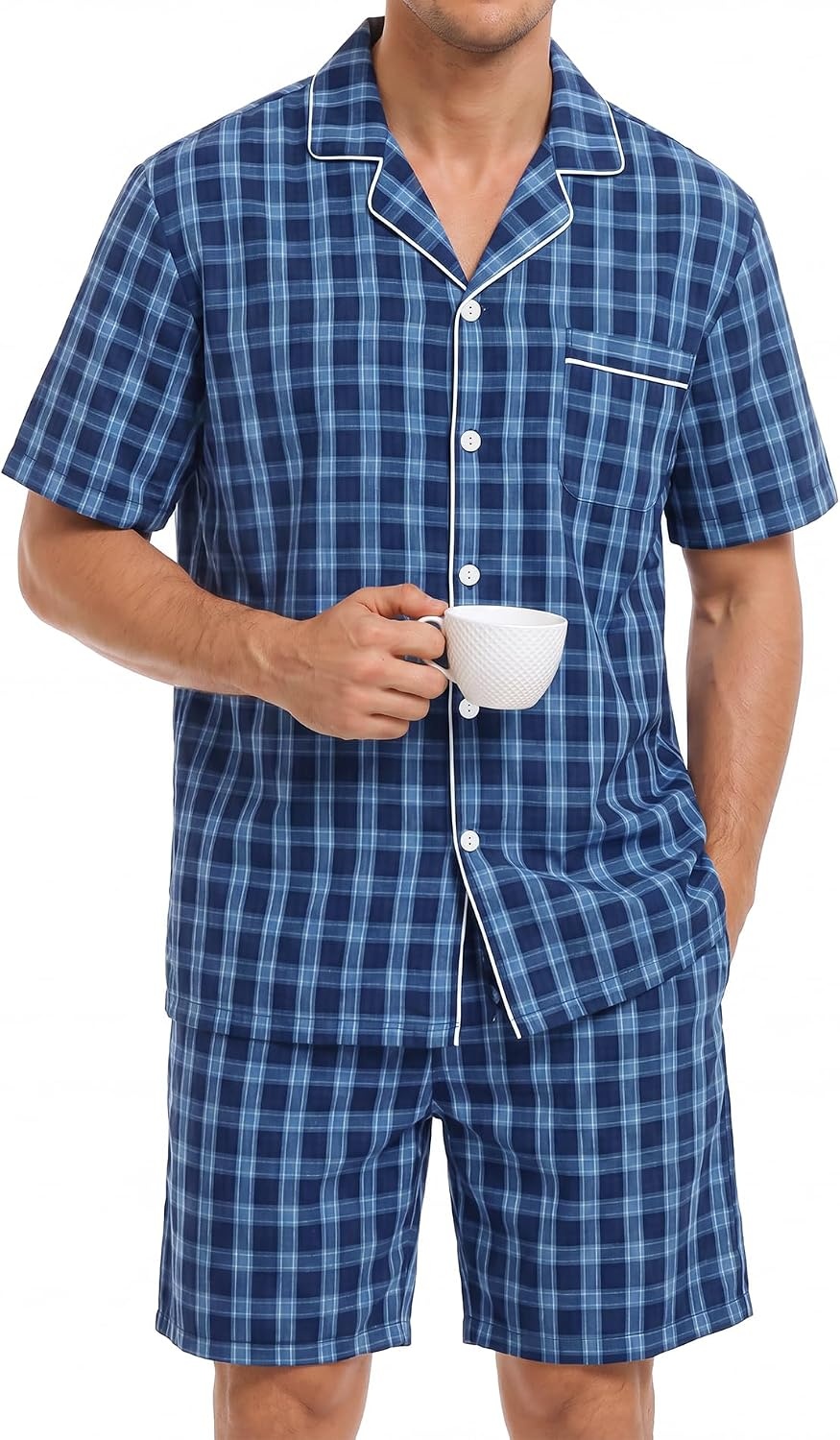 image:imageSWOMOG Mens 100 Cotton Pajama Set 2Pcs Button Down Pjs Set Short Sleeve Sleepwear with Pocket Soft Summer Stripe NightwearBlue Plaid
