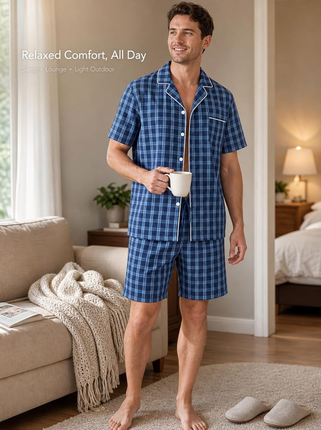 image:imageSWOMOG Mens 100 Cotton Pajama Set 2Pcs Button Down Pjs Set Short Sleeve Sleepwear with Pocket Soft Summer Stripe NightwearBlue Plaid