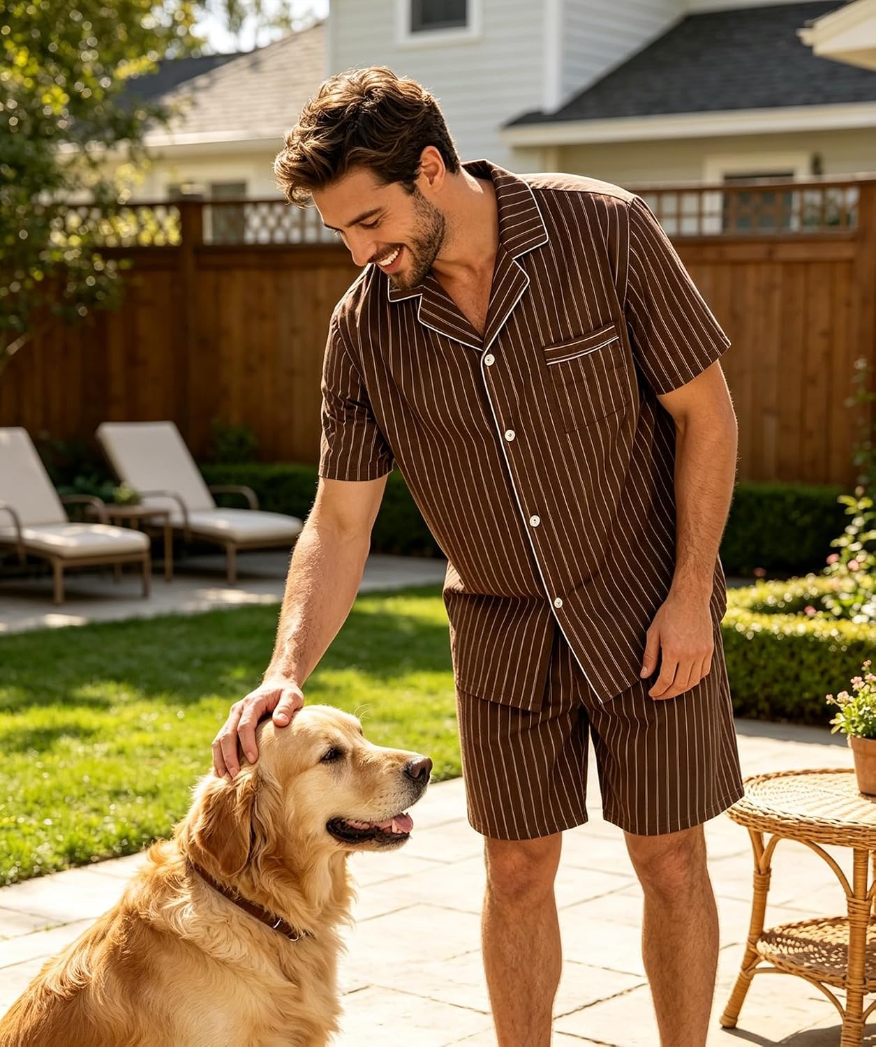 image:imageSWOMOG Mens 100 Cotton Pajama Set 2Pcs Button Down Pjs Set Short Sleeve Sleepwear with Pocket Soft Summer Stripe NightwearCoffee Stripe