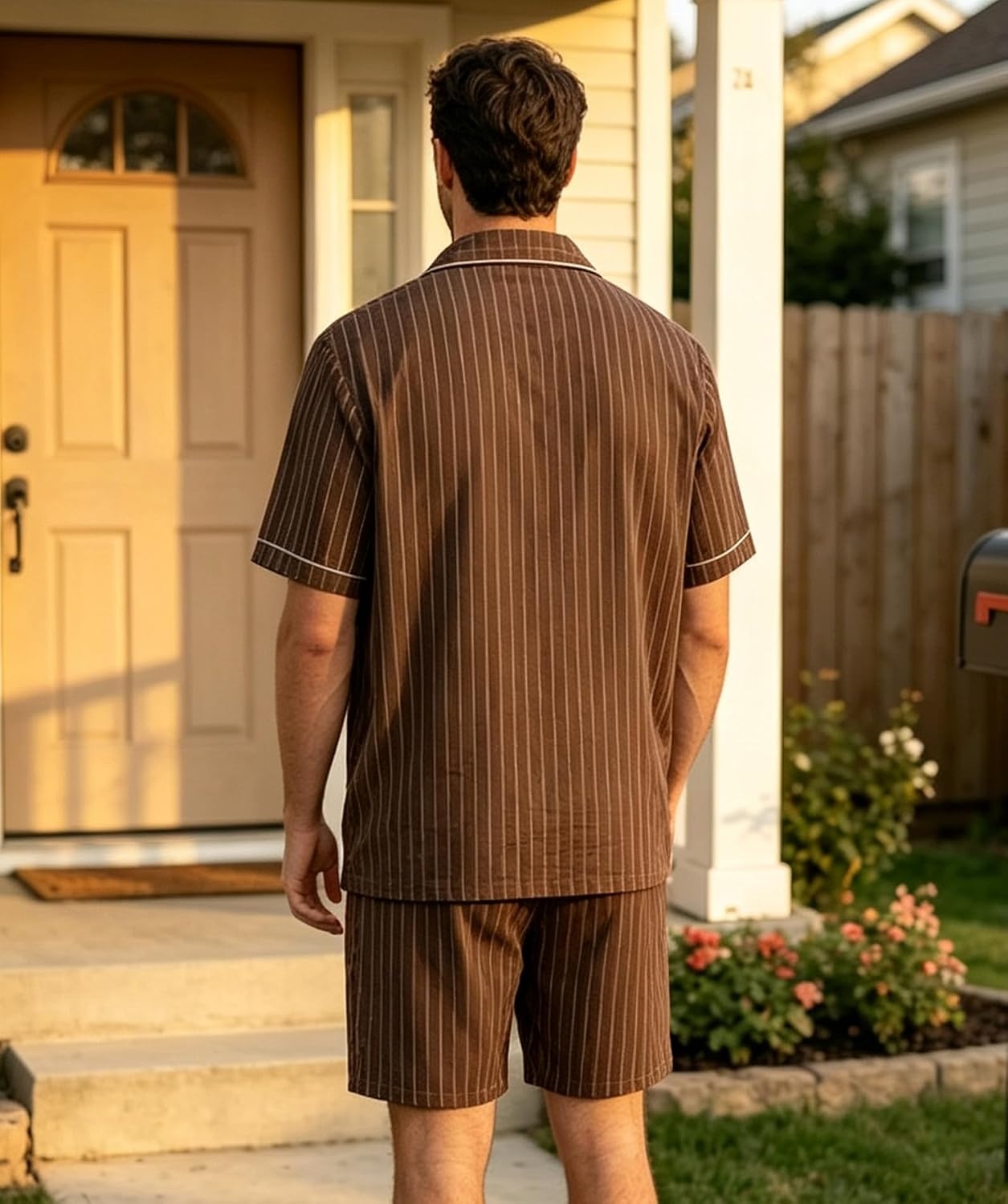 image:imageSWOMOG Mens 100 Cotton Pajama Set 2Pcs Button Down Pjs Set Short Sleeve Sleepwear with Pocket Soft Summer Stripe NightwearCoffee Stripe