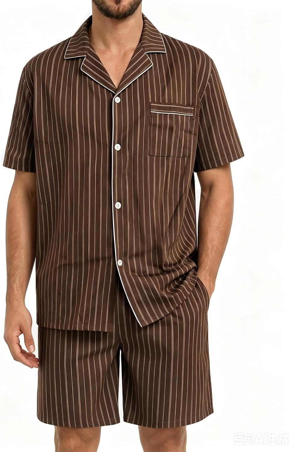 image:imageSWOMOG Mens 100 Cotton Pajama Set 2Pcs Button Down Pjs Set Short Sleeve Sleepwear with Pocket Soft Summer Stripe NightwearCoffee Stripe