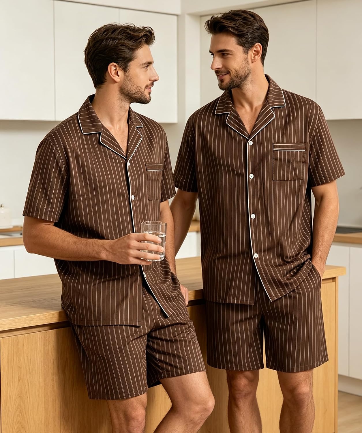 image:imageSWOMOG Mens 100 Cotton Pajama Set 2Pcs Button Down Pjs Set Short Sleeve Sleepwear with Pocket Soft Summer Stripe NightwearCoffee Stripe