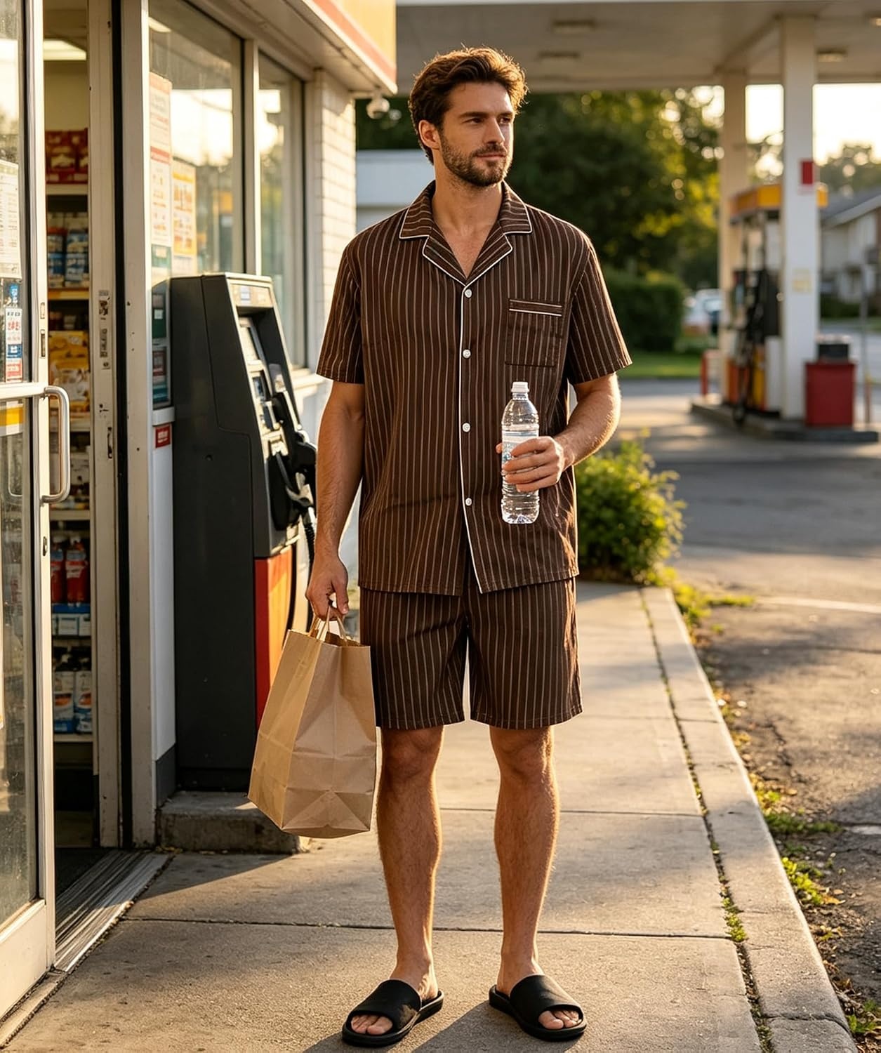 image:imageSWOMOG Mens 100 Cotton Pajama Set 2Pcs Button Down Pjs Set Short Sleeve Sleepwear with Pocket Soft Summer Stripe NightwearCoffee Stripe