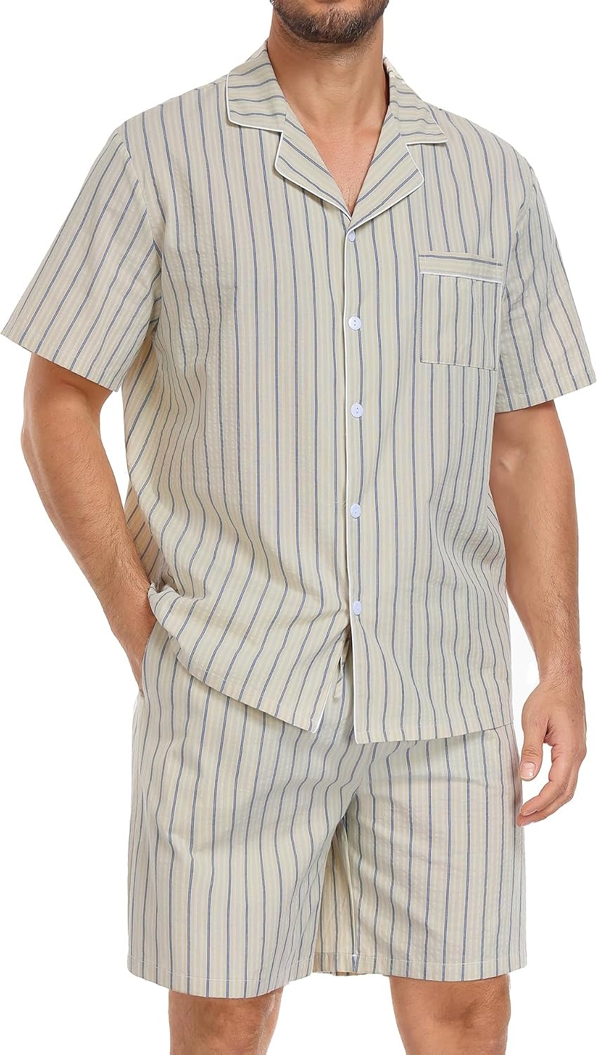 image:imageSWOMOG Mens 100 Cotton Pajama Set 2Pcs Button Down Pjs Set Short Sleeve Sleepwear with Pocket Soft Summer Stripe NightwearKhaki Stripes