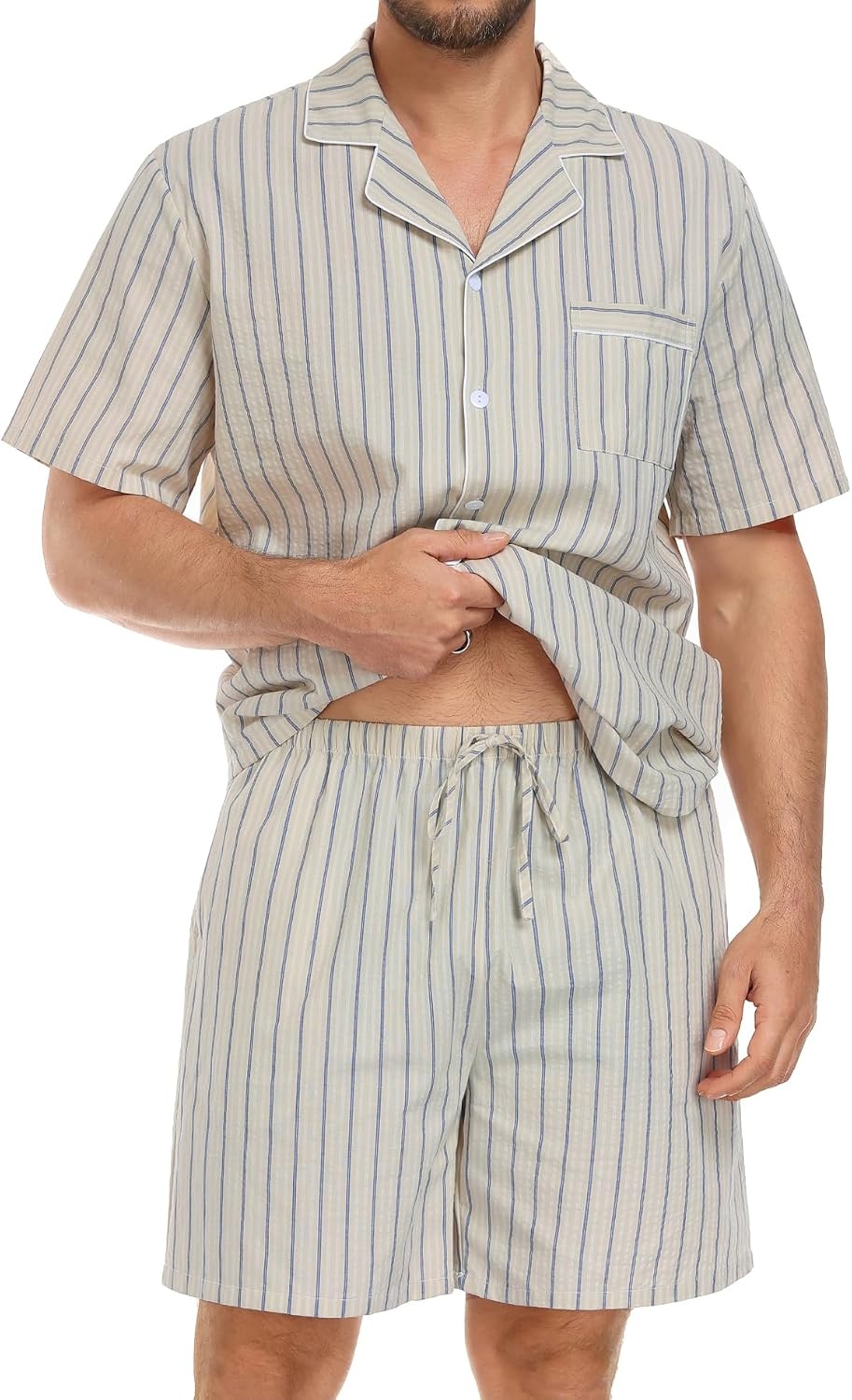 image:imageSWOMOG Mens 100 Cotton Pajama Set 2Pcs Button Down Pjs Set Short Sleeve Sleepwear with Pocket Soft Summer Stripe NightwearKhaki Stripes