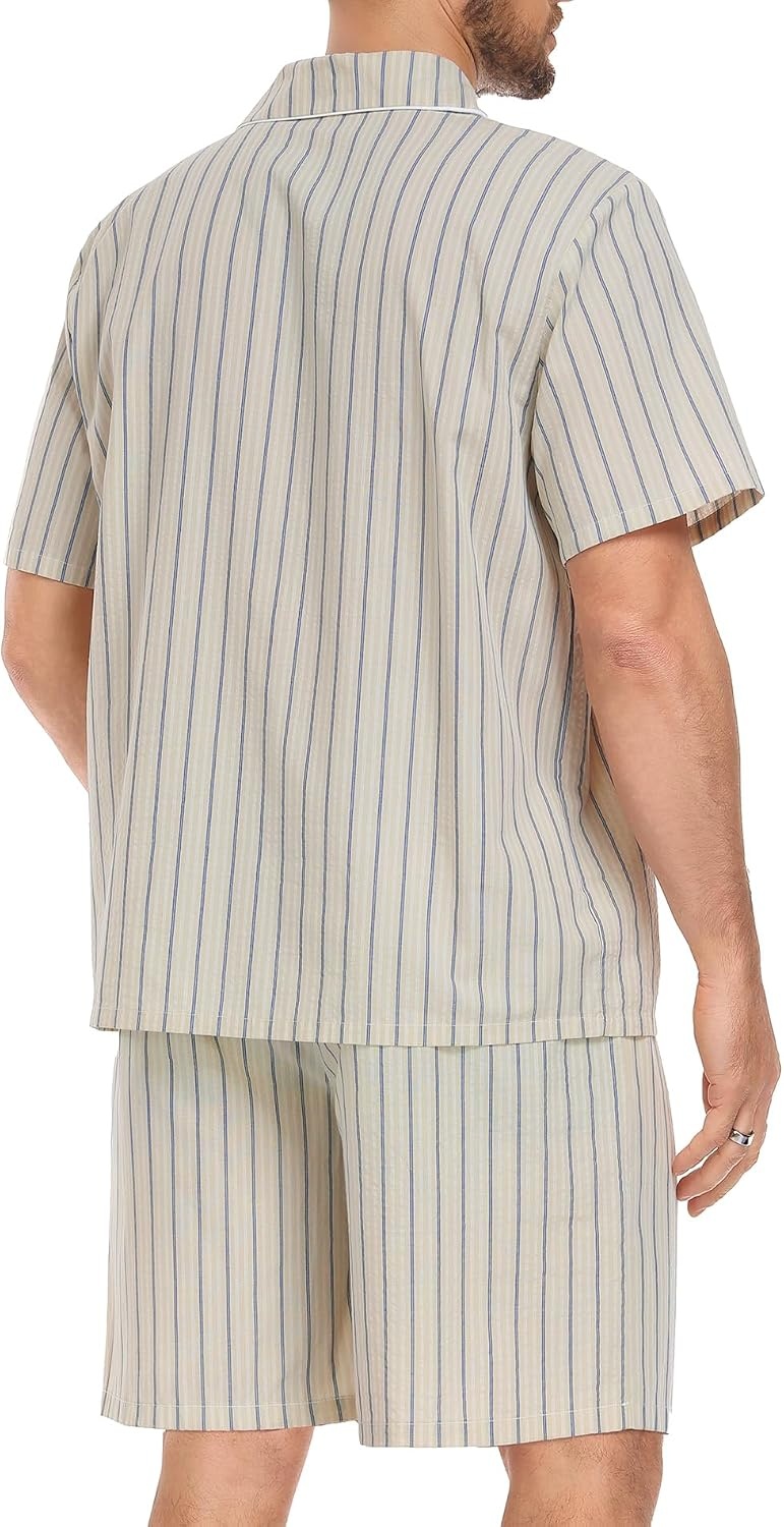 image:imageSWOMOG Mens 100 Cotton Pajama Set 2Pcs Button Down Pjs Set Short Sleeve Sleepwear with Pocket Soft Summer Stripe NightwearKhaki Stripes