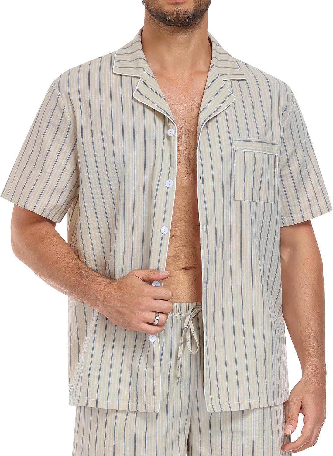image:imageSWOMOG Mens 100 Cotton Pajama Set 2Pcs Button Down Pjs Set Short Sleeve Sleepwear with Pocket Soft Summer Stripe NightwearKhaki Stripes